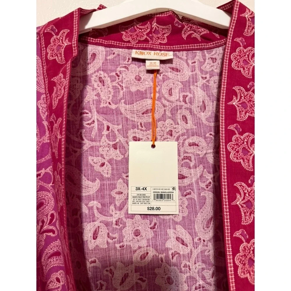 Knox Rose Boho Magenta Paisley Print Kimono Robe Pink Tie Waist Plus Size 3X-4X